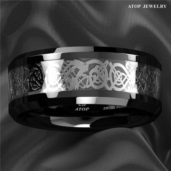 Men's Wedding Band - Silver Celtic Dragon Black Tungsten Carbon Ring for Men - Picture 6 of 7